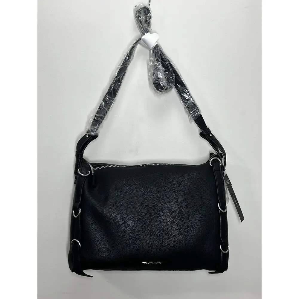 Tahari Avery Vegan Leather Hobo Bag Black Zip Top Large Tote Handbag